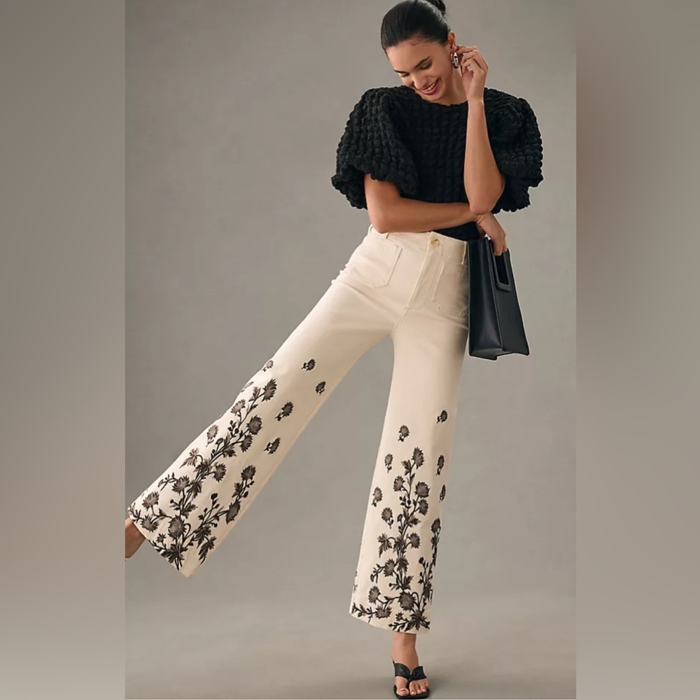 Maeve Cream Wide-Leg Jeans with Black Floral Motif